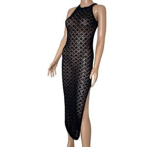 Maxi dress halter top see through side slit stretch swimsuit coverup black SZ L